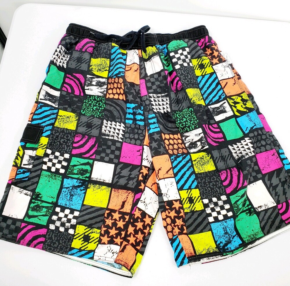 Mens Triangle FL Swim Suit Board Shorts Baggy Neon Black Retro Surf Trunks L